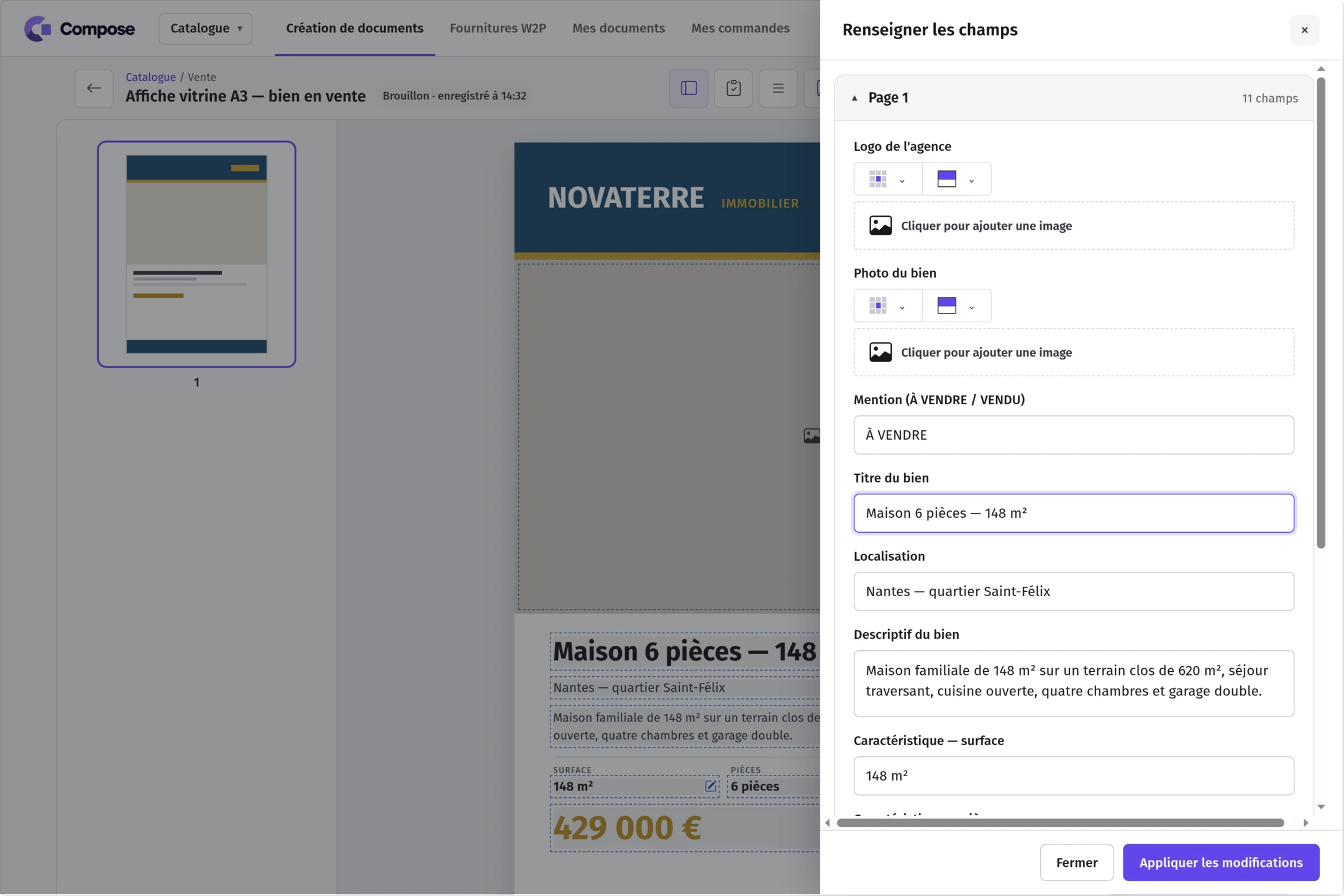 Éditeur en ligne Compose : renseignement des champs autorisés d'une affiche, aperçu de la page à gauche