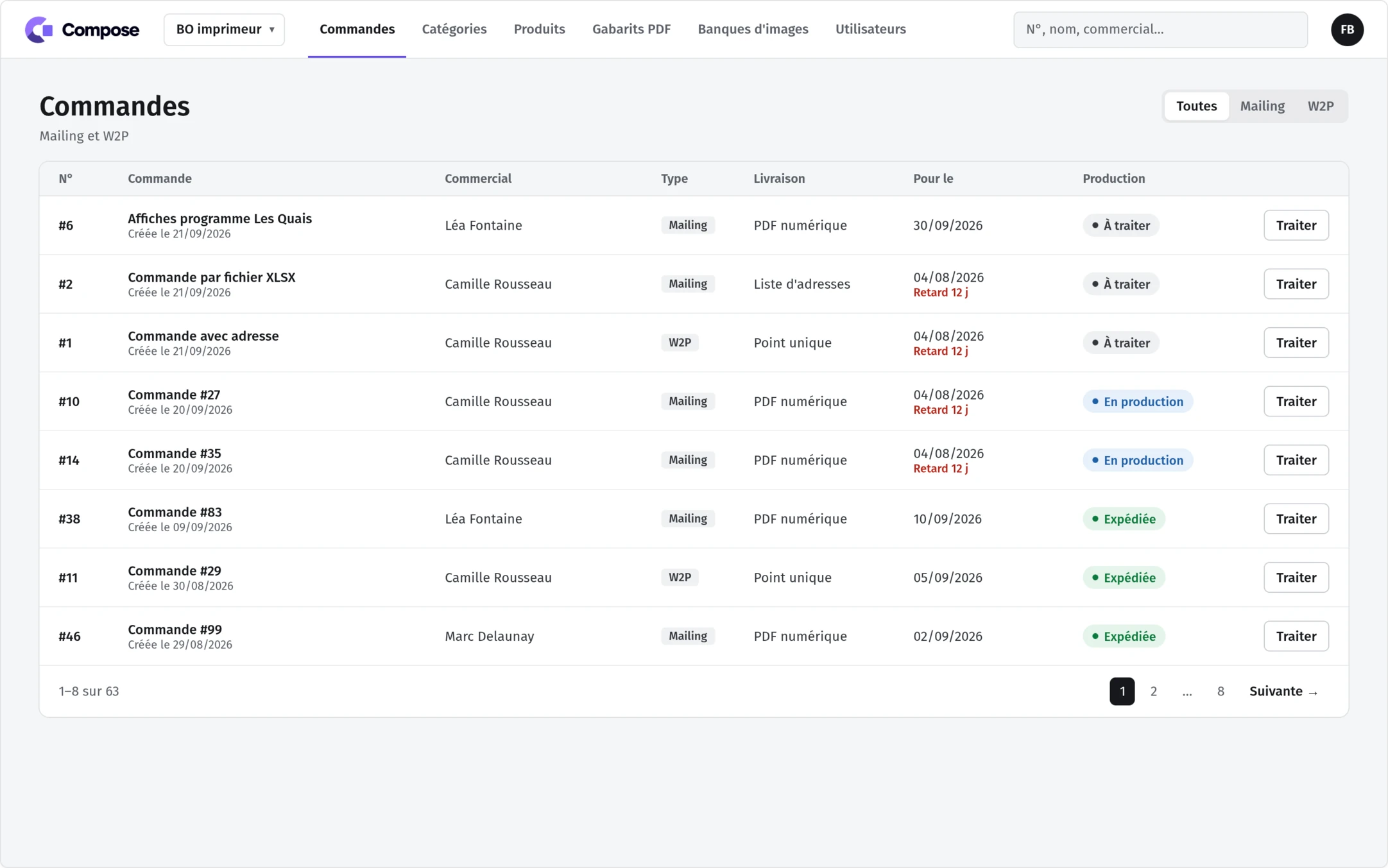 Back-office imprimeur : liste des commandes avec type, mode de livraison, échéance et état de production